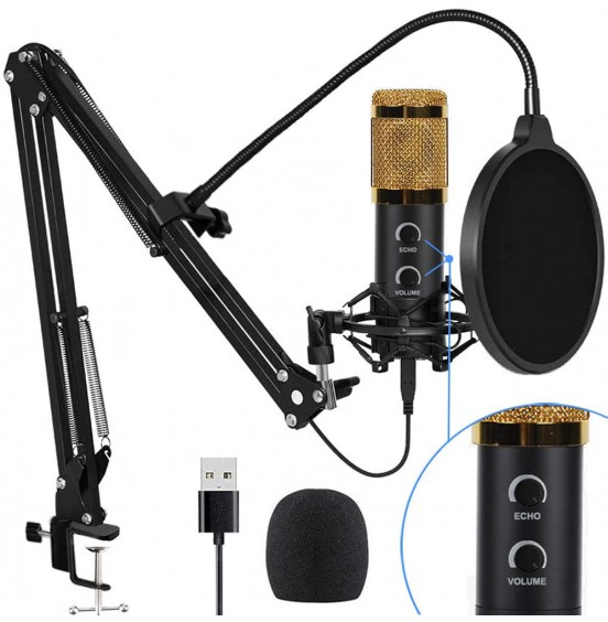 2021 Upgraded USB Condenser Microphone for Computer, Great for Gaming, Podcast, LiveStreaming, YouTube Recording, Karaoke on PC, Plug &amp; Play, with Adjustable Metal Arm Stand, Ideal for Gift, Black