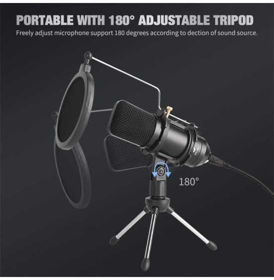 USB Microphone, Professional Condenser Computer PC Mic with Tripod Stand, Pop Filter, Shock Mount for Gaming, Streaming, Podcasting, YouTube, Voice Over, Skype, Twitch, Compatible with Laptop Desktop