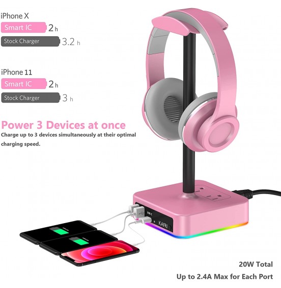 KAFRI RGB Headphone Stand with USB Charger Desk Gaming Headset Holder Hanger Rack with 3 USB Charging Port and 2 Outlet - Suitable for Gamer Desktop Table Game Earphone Accessories Boyfriend Gift