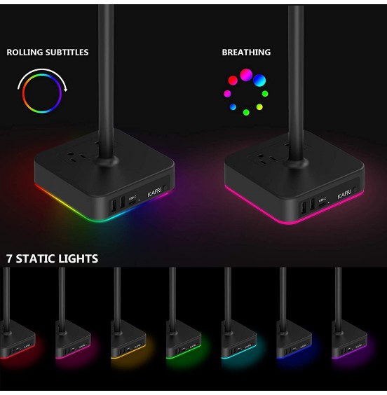 KAFRI RGB Headphone Stand with USB Charger Desk Gaming Headset Holder Hanger Rack with 3 USB Charging Port and 2 Outlet - Suitable for Gamer Desktop Table Game Earphone Accessories Boyfriend Gift