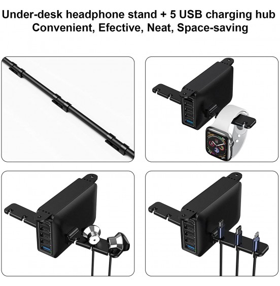 HORUMP Headphone Stand with 5 Port USB Charger, Under Desk Headset Hook Holder Hanger Mount with USB Charging Station and iWatch Stand Smart Watch Charging Dock Dual Earphone Hanger Hook