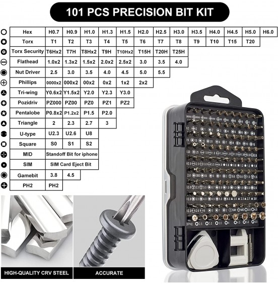 STREBITO Precision Screwdriver Set 124-Piece Electronics Tool Kit with 101 Bits Magnetic Screwdriver Set for Computer, Laptop, Cell Phone, PC, MacBook, iPhone, Nintendo Switch, PS4, PS5, Xbox Repair